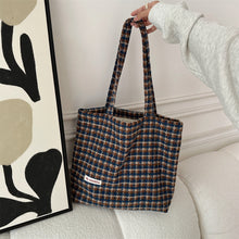Load image into Gallery viewer, Soft Plaid Tote Bag Large Size cute cozy tote bag coquette brown grid pattern large tote bag laptop bag study bag school bag handbag shopping bag blue