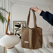 Load image into Gallery viewer, Soft Plaid Tote Bag Large Size cute cozy tote bag coquette brown grid pattern large tote bag laptop bag study bag school bag handbag shopping bag yellow