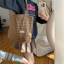 Load image into Gallery viewer, Soft Plaid Tote Bag Large Size cute cozy tote bag coquette brown grid pattern large tote bag laptop bag study bag school bag handbag shopping bag