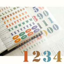 Load image into Gallery viewer, letters-and-nubmers-12-sheet-sticker-set bullet journal planner sticker hobonichi happy planners