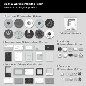 Black & White Scrapbook Paper Mixed Size 100pcs creative journal junk journal