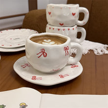 Load image into Gallery viewer, Red Ribbon Bow Coffee Mug and Saucer Set 300ml ceramic coffee cup with saucer