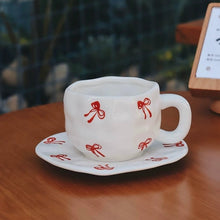 Load image into Gallery viewer, Red Ribbon Bow Coffee Mug and Saucer Set 300ml ceramic coffee cup with saucer