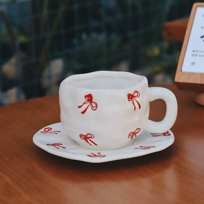 Red Ribbon Bow Coffee Mug and Saucer Set 300ml ceramic coffee cup with saucer