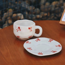 Load image into Gallery viewer, Red Ribbon Bow Coffee Mug and Saucer Set 300ml ceramic coffee cup with saucer