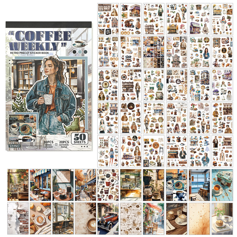 Retro Sticker Book 50 Sheets journal sticker scrapbook creative journal junk journal bullet journal planner vintage coffee themes