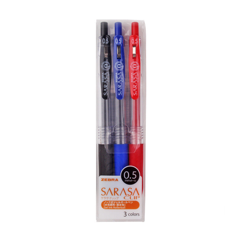 Zebra Sarasa Push Clip Gel Pen 3 Colour Set Black Blue Red 0.5mm bullet journal notes taking office everyday writing