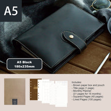 Load image into Gallery viewer, loose leaf notebook A5 vegan leather benz store bullet journal diary traveller&#39;s notebook black