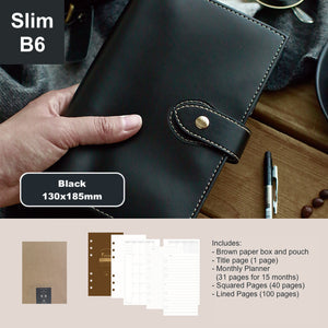 loose leaf notebook slim B6 vegan leather benz store bullet journal diary traveller's notebook black