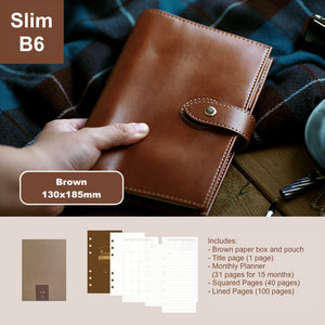 loose leaf notebook slim B6 vegan leather benz store bullet journal diary traveller's notebook brown 