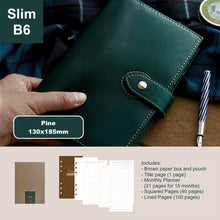 Load image into Gallery viewer, loose leaf notebook slim B6 vegan leather benz store bullet journal diary traveller&#39;s notebook forest pine green