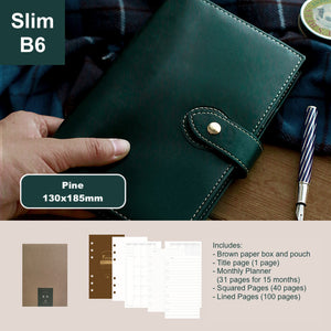 loose leaf notebook slim B6 vegan leather benz store bullet journal diary traveller's notebook forest pine green