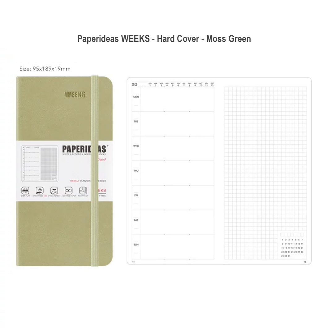 Paperideas Weeks Weekly and Monthly Planner HARD Cover Notebook Hobonichi weeks hobo techo moss green