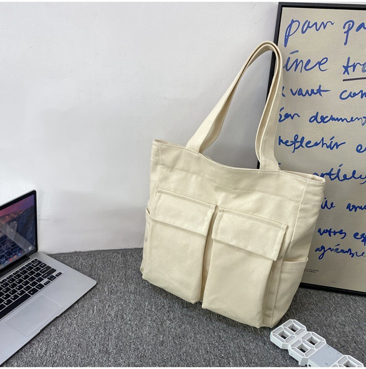 Canvas Tote Bag Large Size hedgehog journals stationery shop cute canvas bag beige white
