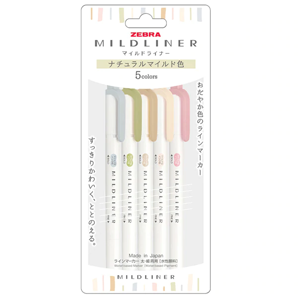 Zebra-Mildliner-Highlighter-New-colour-natural-set-5-bullet journal note taking markers