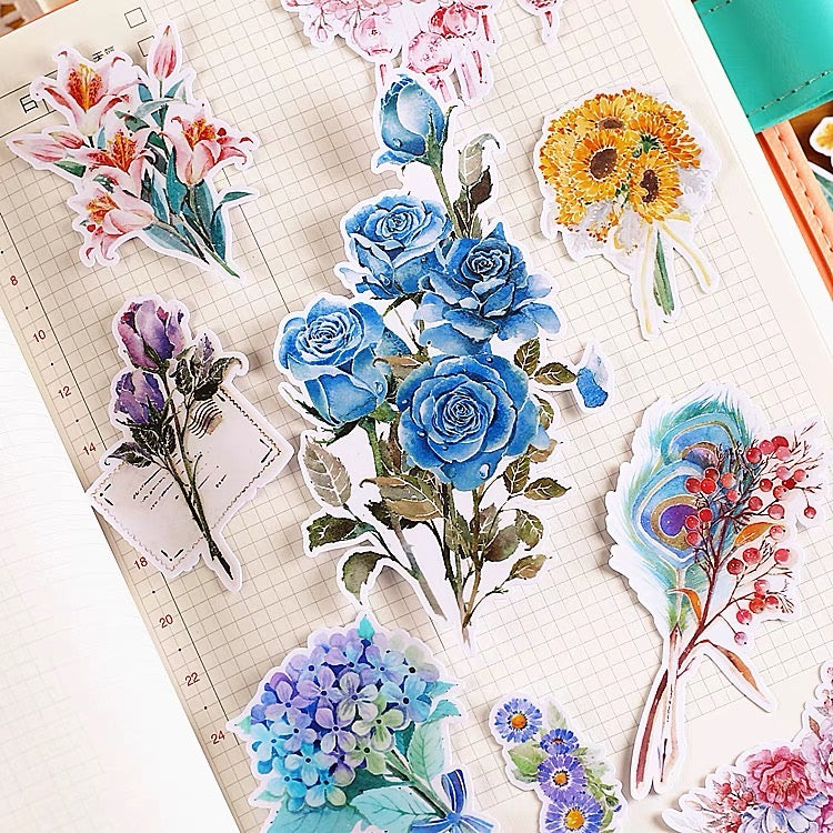 Blue rose and flowers Plant Stickers 20Pcs bullet journal scrapbooking decoration