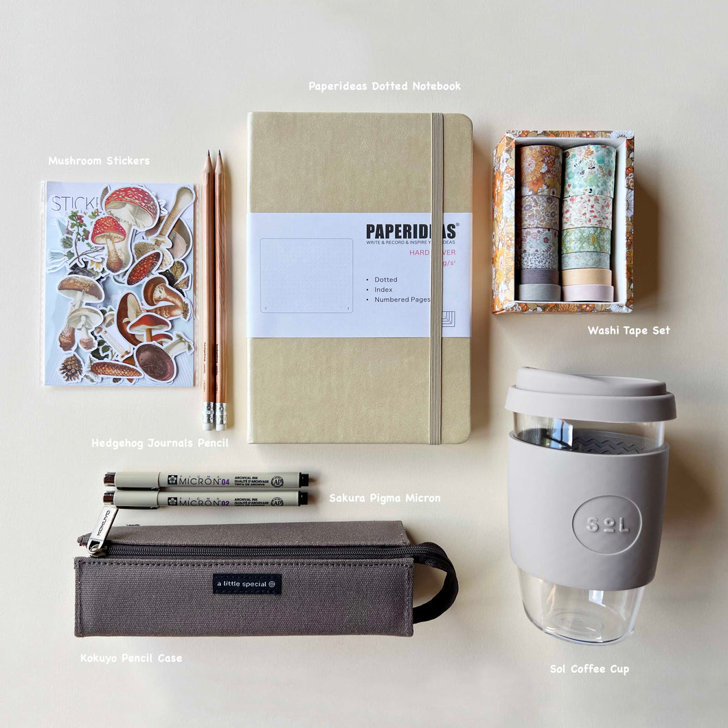 bullet journal starter kit study kit beginner combo brown stickers washi tapes pens notebook glass coffee cup pencil case