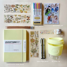 Load image into Gallery viewer, bullet journal starter kit study kit beginner combo yellow stickers washi tapes pens notebook glass coffee cup