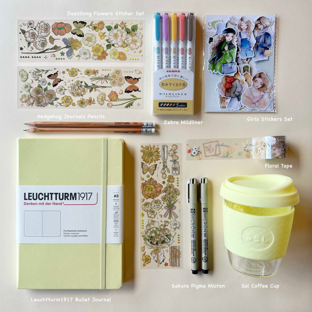 bullet journal starter kit study kit beginner combo yellow stickers washi tapes pens notebook glass coffee cup